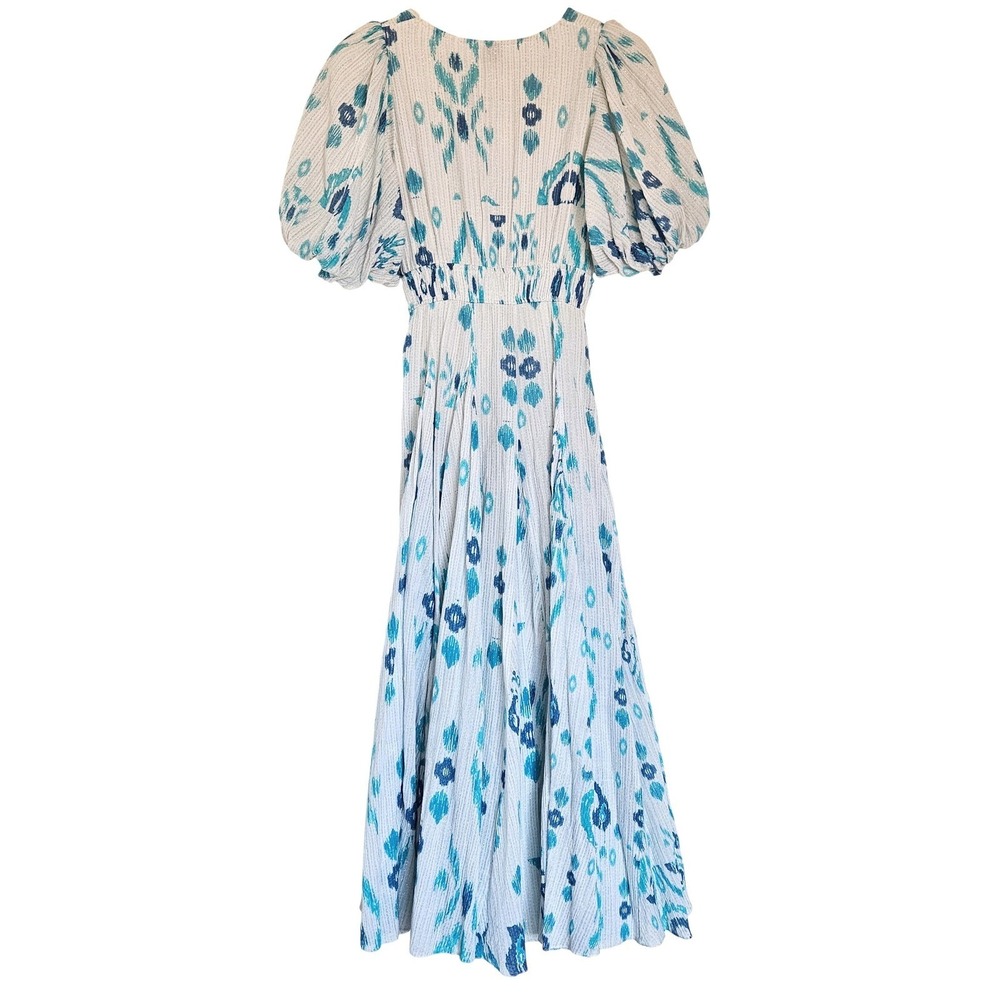 Hemant & Nandita Blue Ikat Floral Puff Sleeve Midi Dress White Metallic Sz Small - Picture 9 of 10